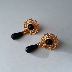 Anne Klein 1980's Vintage Dangle Lucite Gold And Black Pierced Earrings